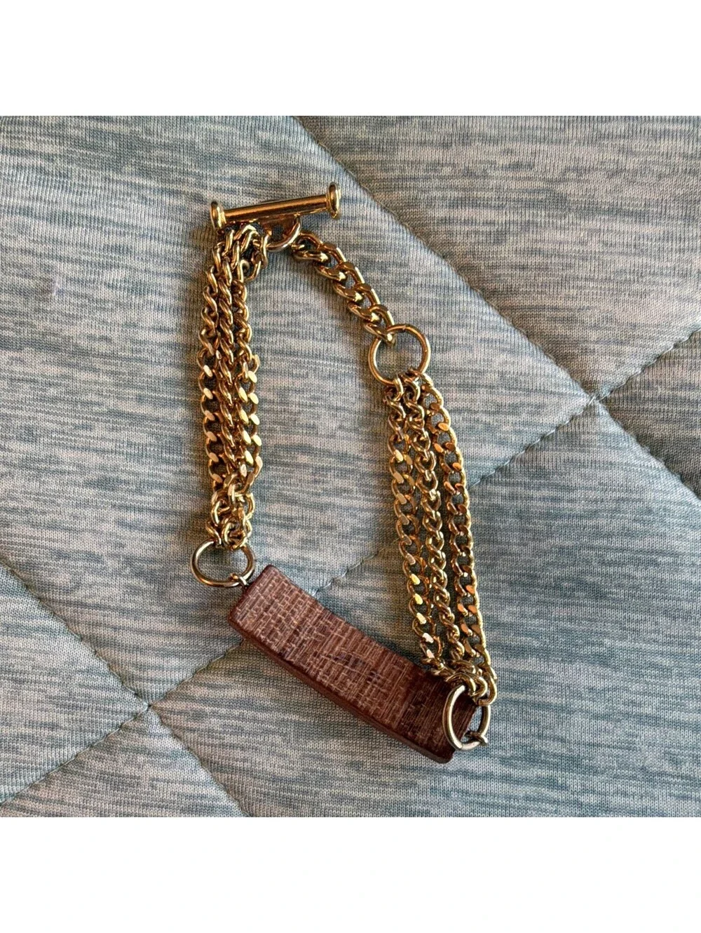 Gold Tone Multi Chain Bracelet Wood Bar Accent Toggle Clasp Boho Statement
